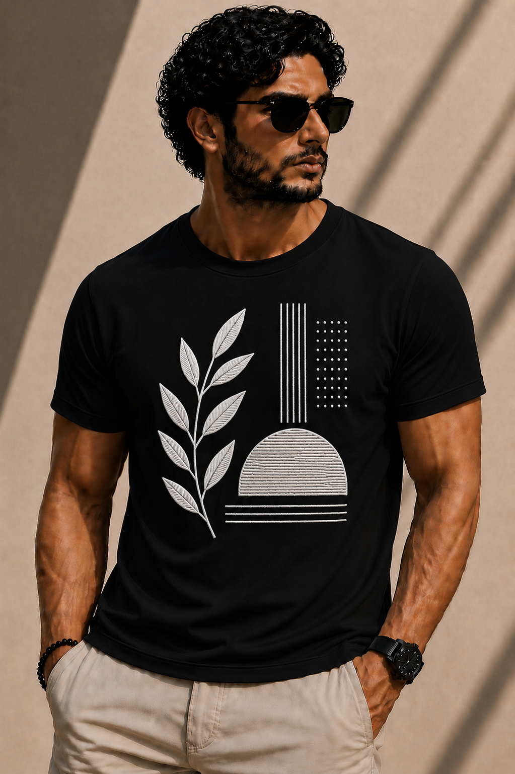 Rennzy Abstract Leaf Embroidery T-shirt