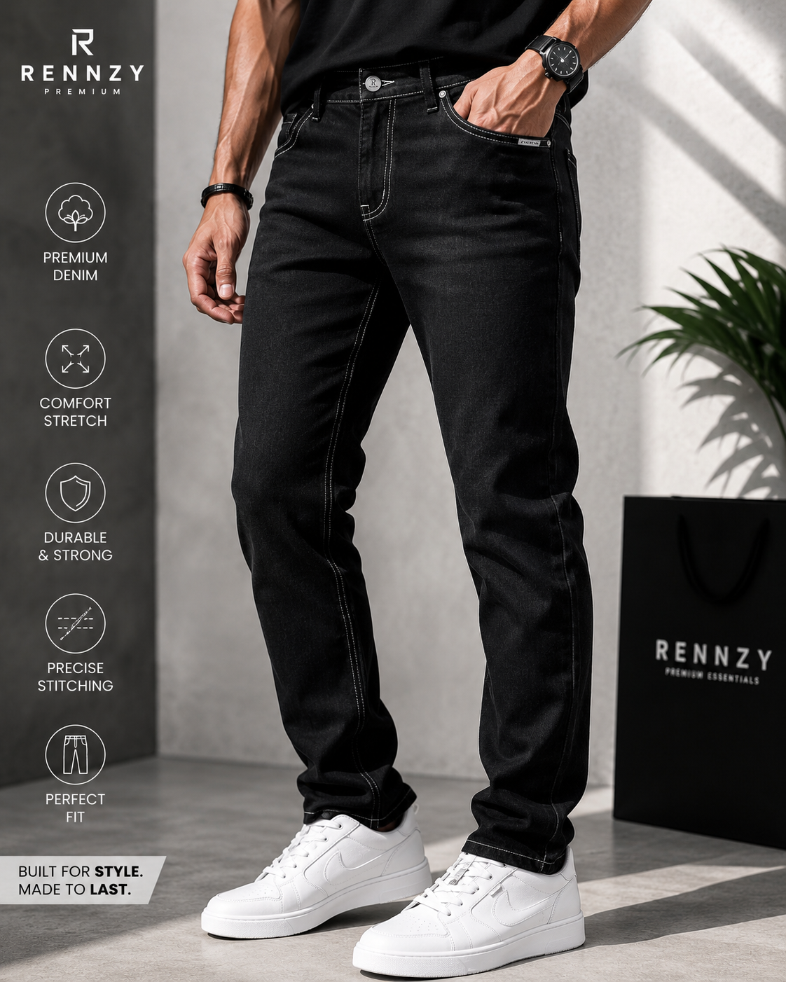Rennzy Arctic black Denim Jeans | Premium Stretch Fit