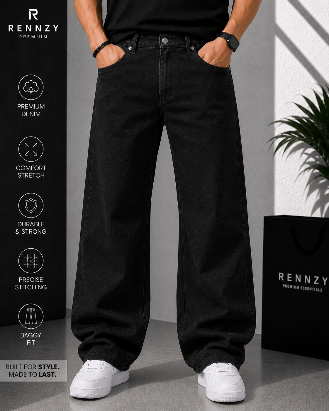 Rennzy Shadow Drift Baggy Denim Jeans – Black