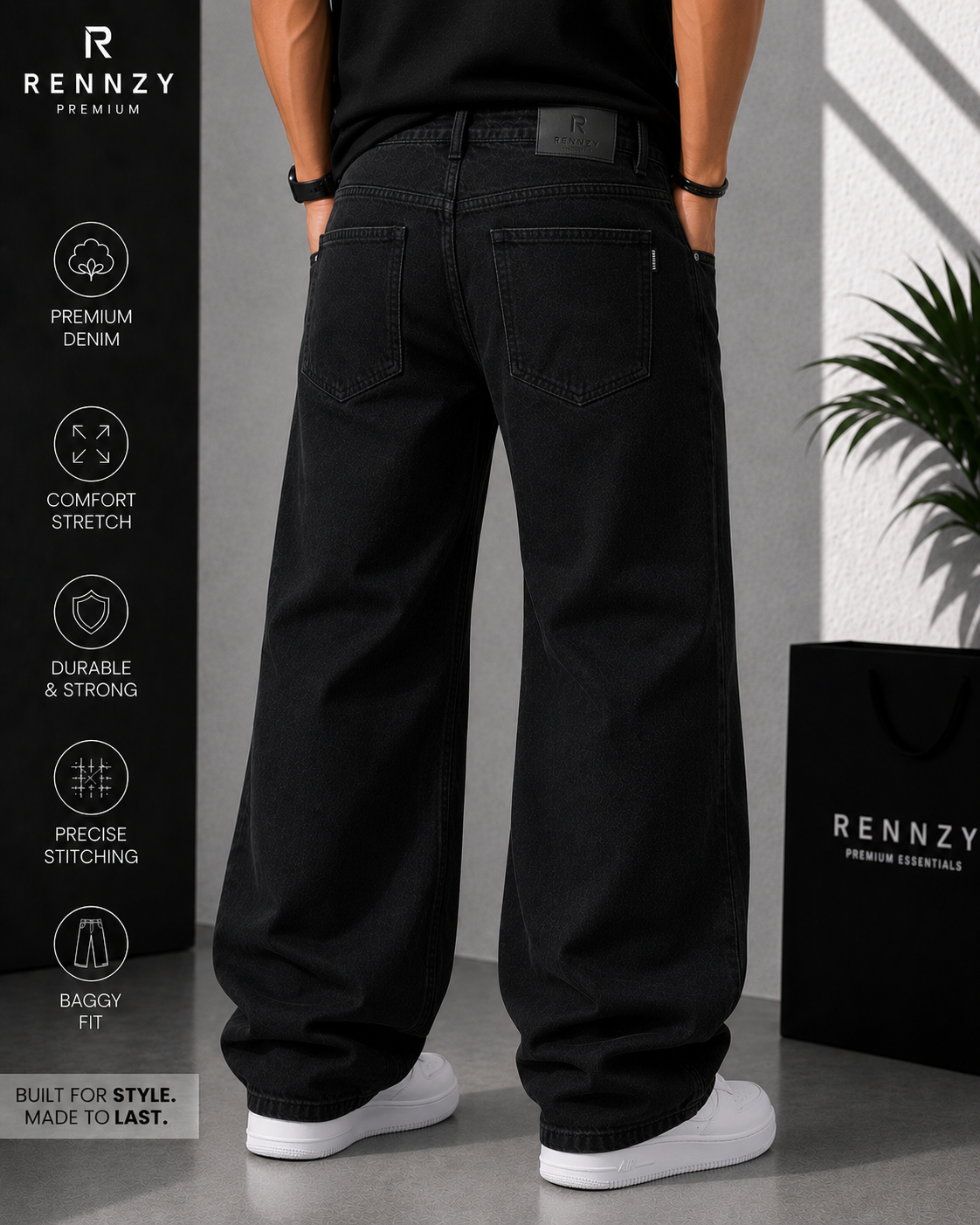 Rennzy Shadow Drift Baggy Denim Jeans – Black