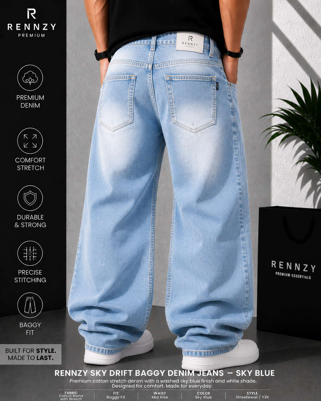 Rennzy Frost Fade Baggy Denim Jeans – Sky Blue