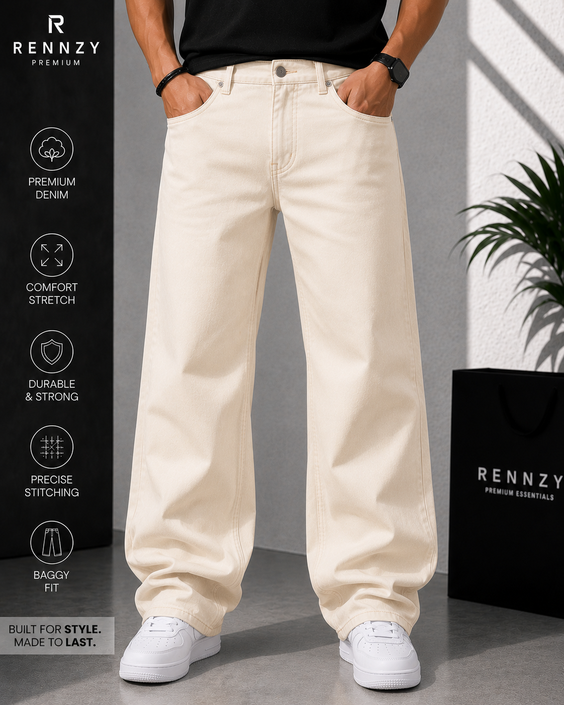 Rennzy Ivory Drift Baggy Denim Jeans