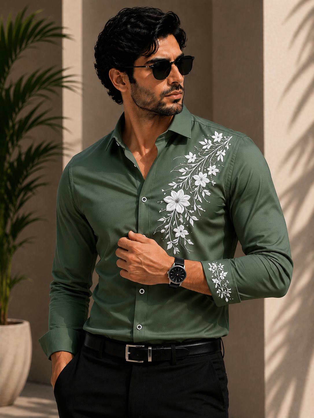 Flowers Design Embroidered Shirt