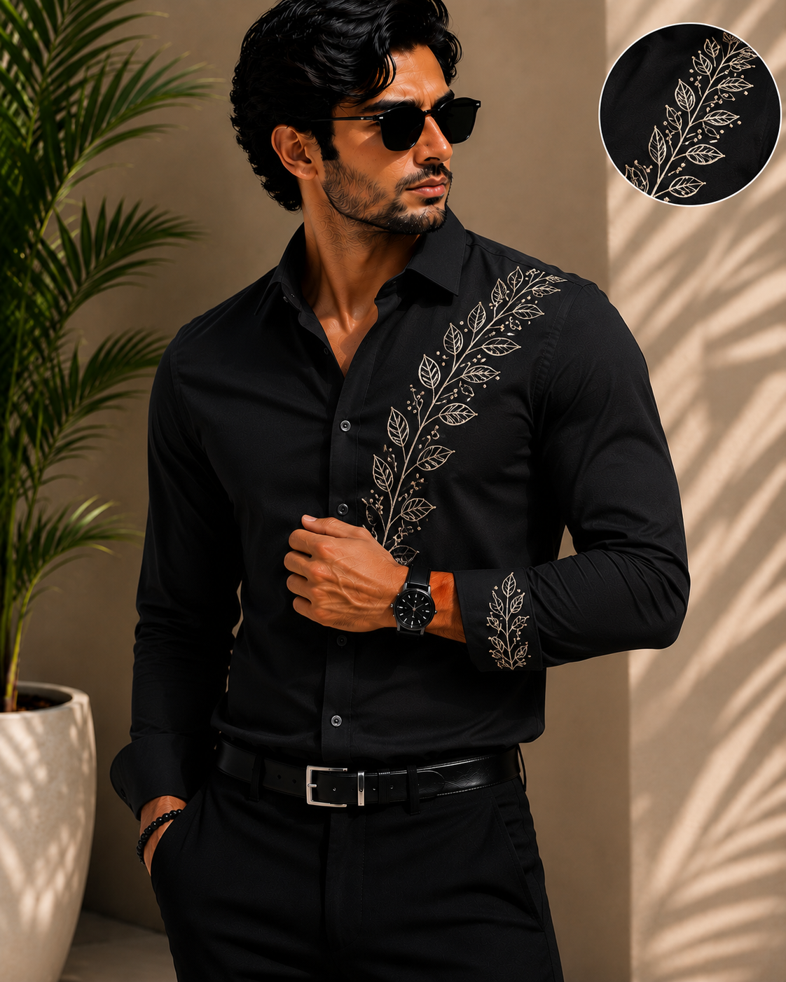 Imperial  Embroidered Shirt - With Black Leaf Embroidery