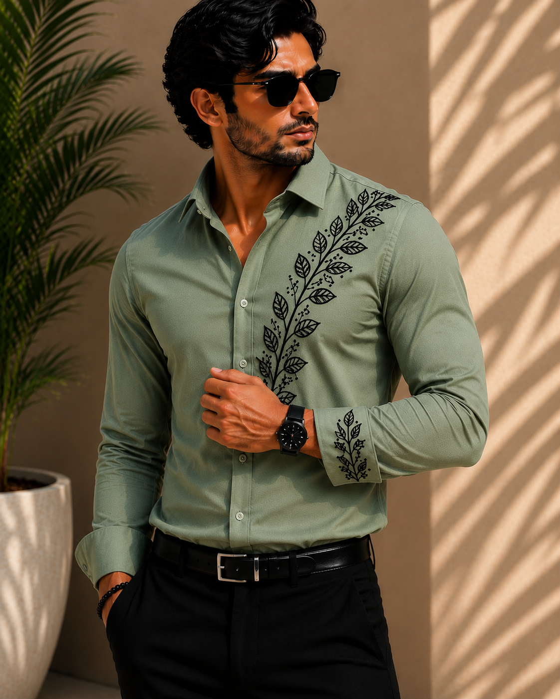 Imperial  Embroidered Shirt - With Black Leaf Embroidery