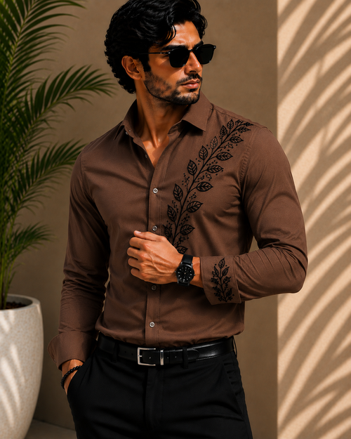 Imperial  Embroidered Shirt - With Black Leaf Embroidery