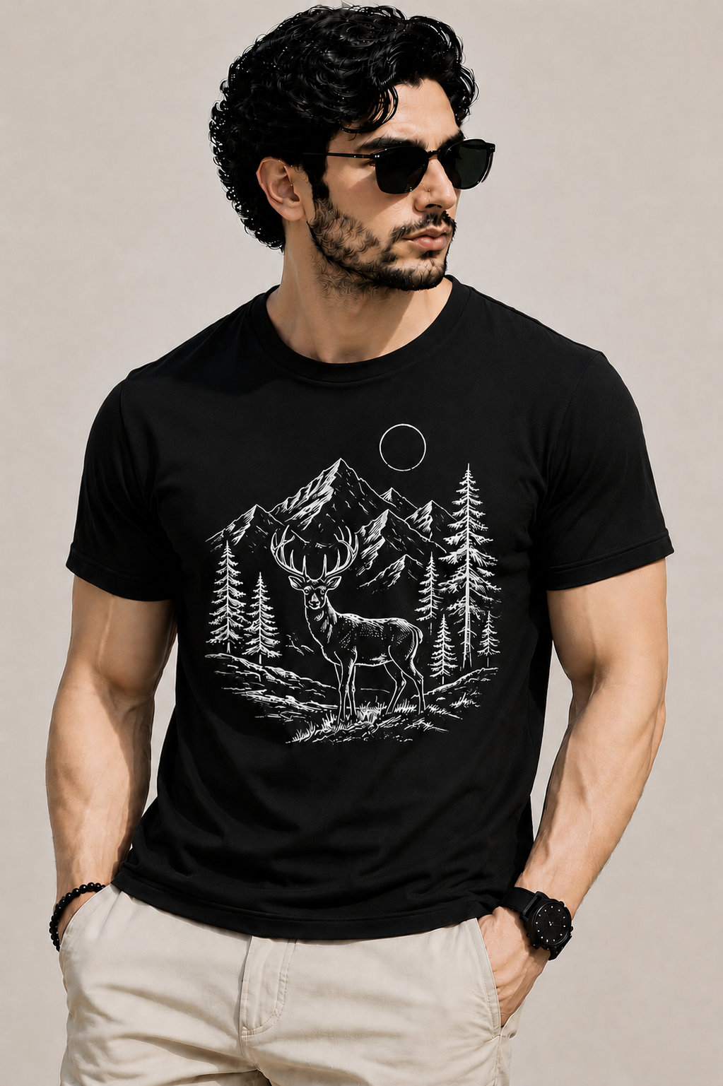 Wild Forest & Mountain Line Art T-Shirt