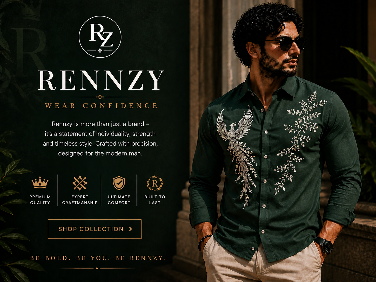 Man wearing a green shirt with embroidery, standing outdoors with Rennzy branding on the left.